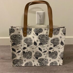 Large Floral black and white Cotton fabric Canvas Tote Bag with leather Handles